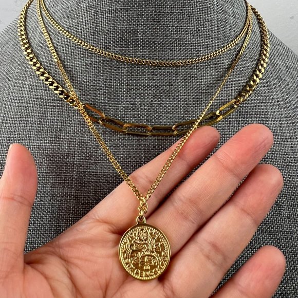 3 Layer Gold Coin Necklace Gold Layered Necklace - Picture 3 of 10